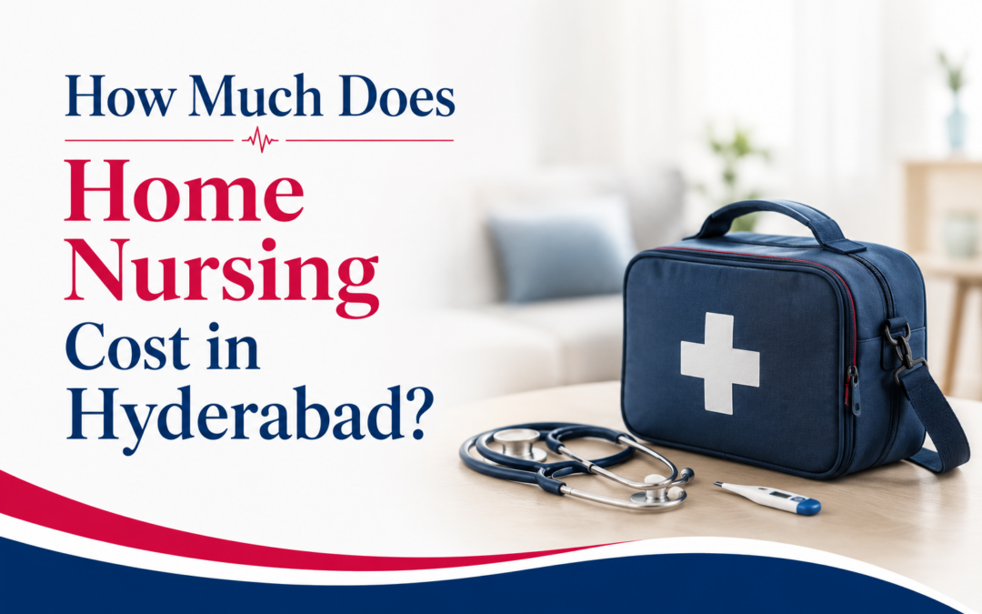 Banner about home nursing costs in Hyderabad, featuring a blue medical bag, stethoscope, and thermometer on a table.